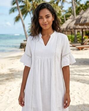 COCO Cotton Cottagecore Dress M White Crochet Resortwear Vacation Flutter Sleeve